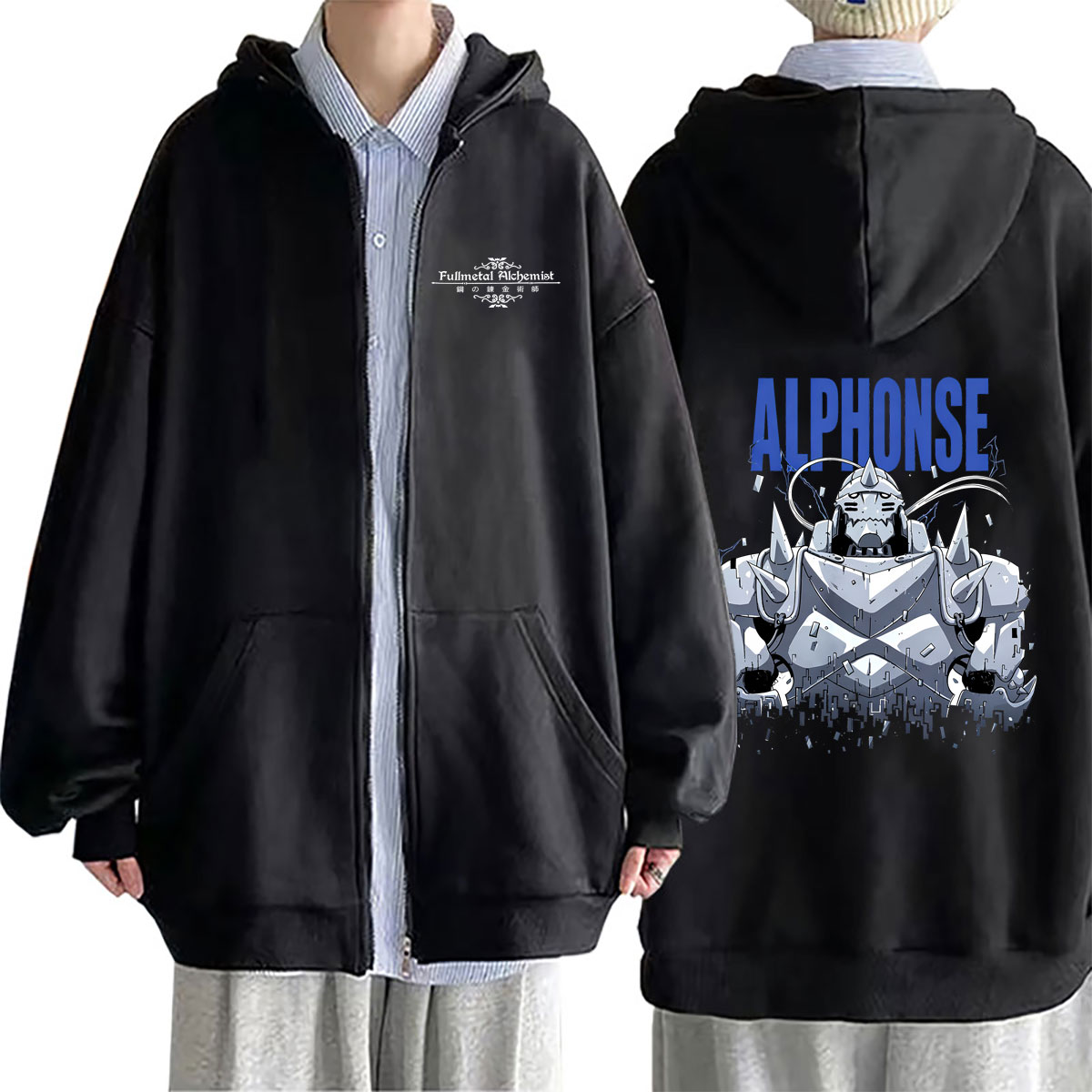 Fullmetal Alchemist Coat - アニメ鋼の錬金術師グラフィックジッパーパーカーマンガアルフォンスエルリックプリントジップアップジャケットコート男性女性カジュアル特大パーカー