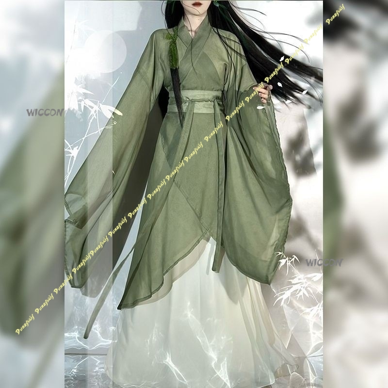 Anime Cosplay Girl With Black Hair - 中国の漢服大袖クロスカラーコスプレ衣装破れたスカートかつら女の子黒ドレス女性緑髪クリスマスハロウィン