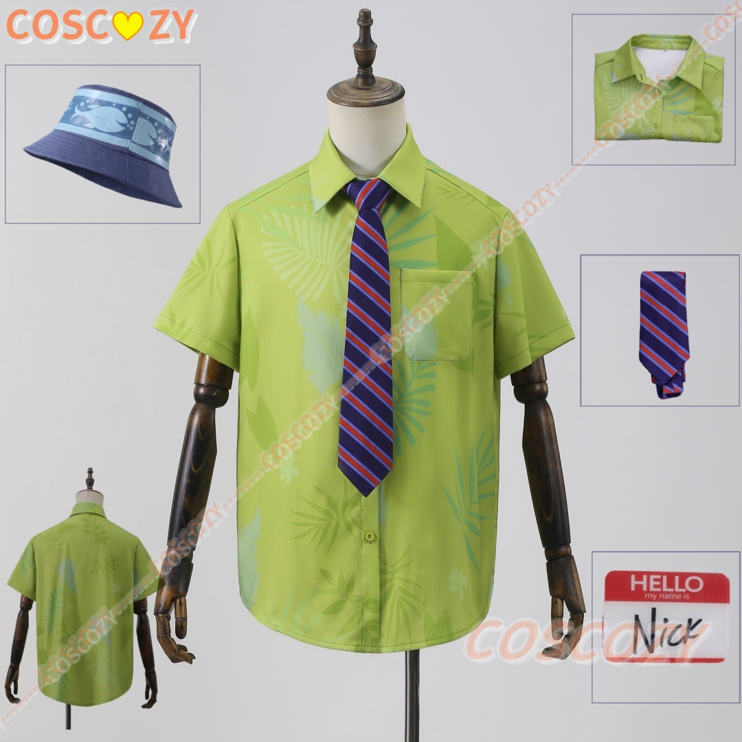 Anime Cosplay Name - 漫画ニック・ワイルドコスプレグリーンプリントシャツブルーネクタイ名刺コスチュームスーツ男性ハロウィンカーニバルパーティーロールプレイ衣装