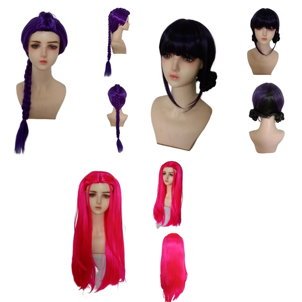 Anime Cosplay Girl With Black Hair - アニメロングパープル編み込みヘアエクステンションポニーテールウィッグコスプレハロウィンゴールデンコスチュームピンク黒お団子合成ウィッグ女の子子供用