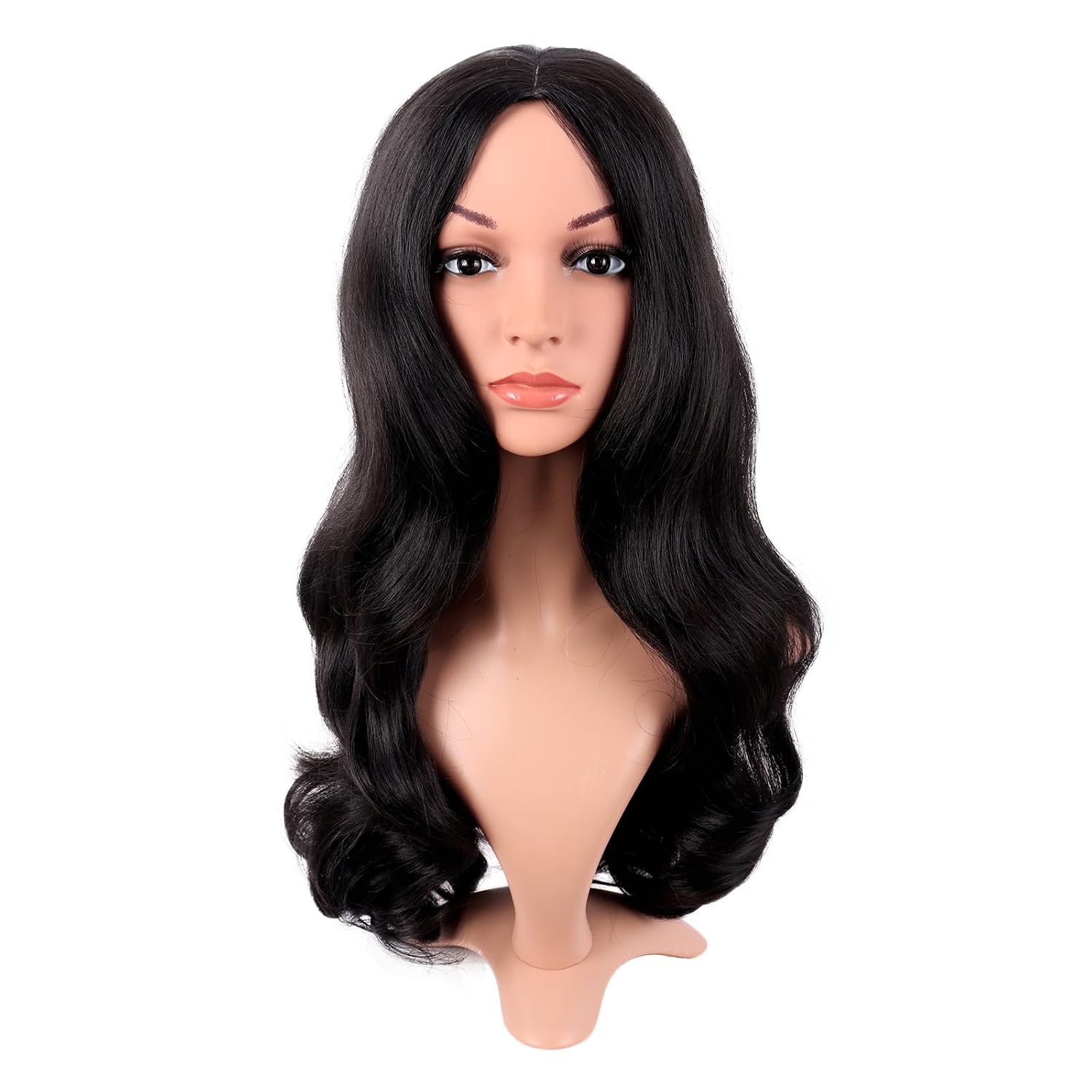Anime Cosplay Long Black Hair - ロングカーリーヘア中間部コスプレウィッグ黒ファッションウィッグ合成繊維コスチュームウィッグハロウィンアクセサリーヘアコスプレアニメ