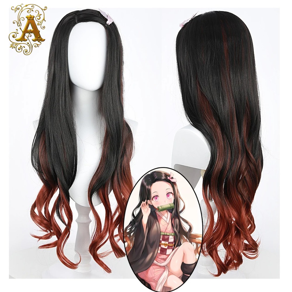 Anime Cosplay Long Black Hair - 黒ダークレッドグラデーションカラー巻き毛ロングヘアねずこアニメコスプレウィッグ30インチボタンネット化学繊維フィラメントフルウィッグ
