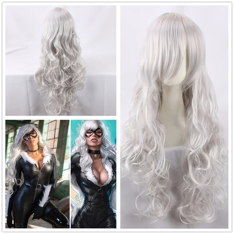 ハロウィン新作黒猫コスプレウィッグ 女性用シルバーホワイトロ - Anime Cosplay Long Black Hair のレビューと価格