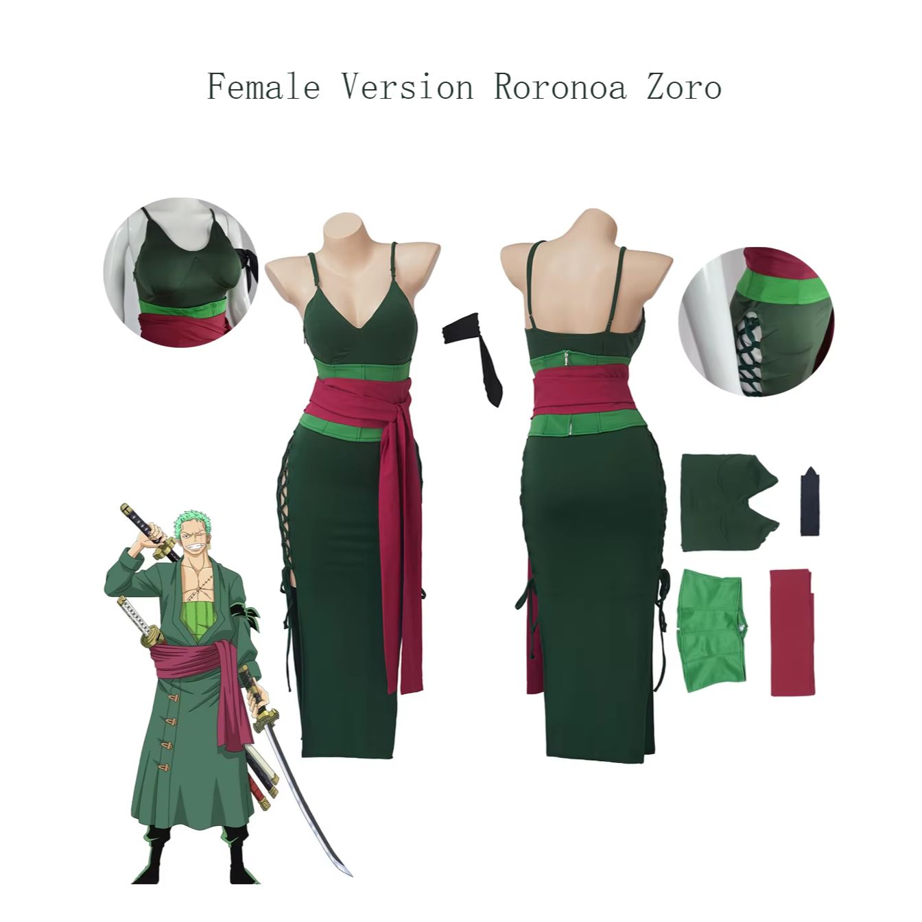 ロロノア・ゾロ コスプレ衣装 女性用 グリーンスパゲッティス - Cosplay Anime Zoro のレビューと価格
