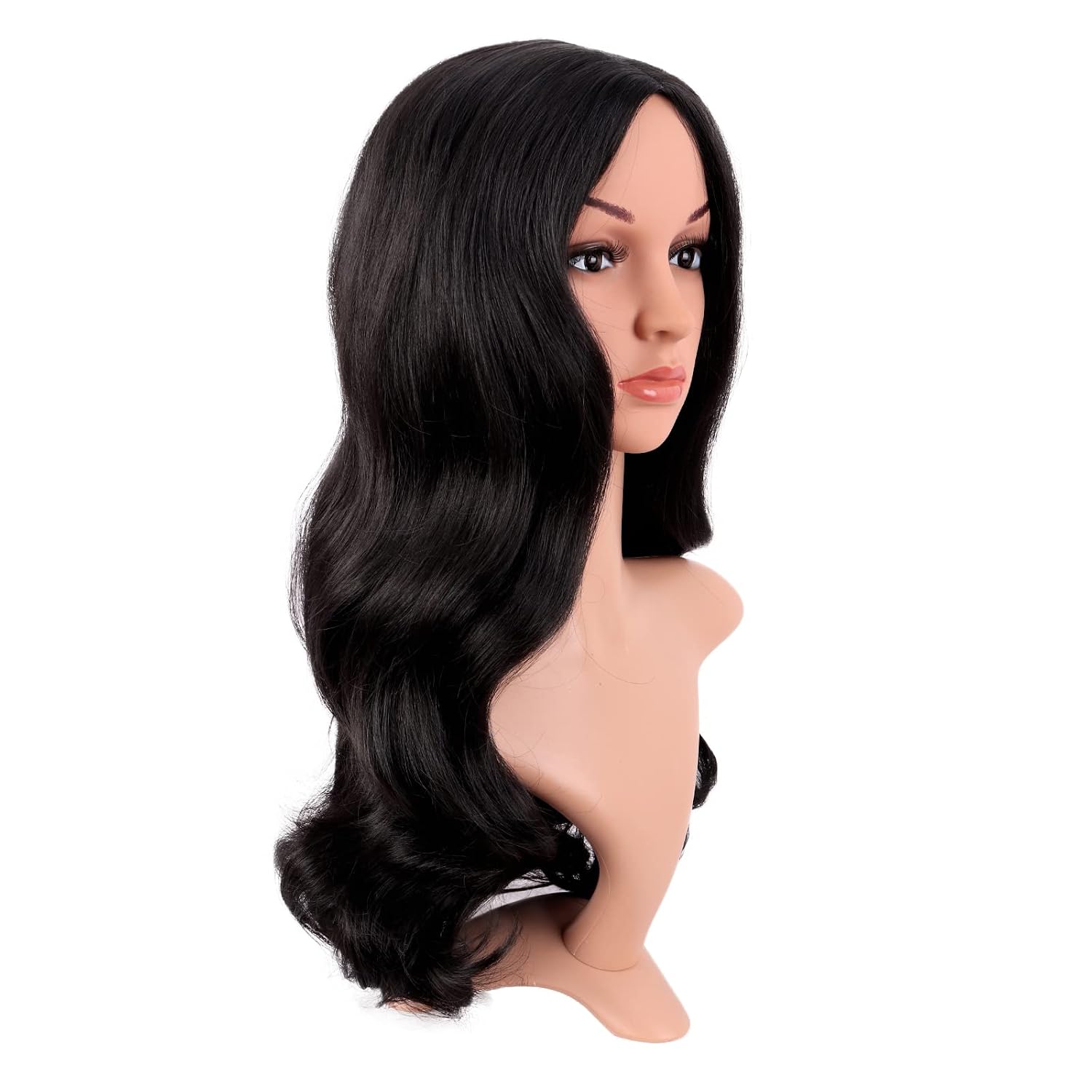 ロングカーリーヘア中間部コスプレウィッグ黒ファッションウィッ - Anime Cosplay Long Black Hair のレビューと価格